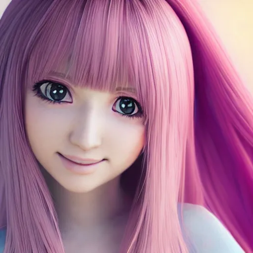Image similar to Render of Nikki from Shining Nikki Dress-Up Game, a cute 3D anime young woman, long light pink hair, full bangs, full round face, hazel amber eyes, pale skin, Chinese heritage, smiling softly, wearing casual clothing, medium shot, mid-shot, comfortable mood, hyperdetailed, trending on Artstation, Unreal Engine 4k