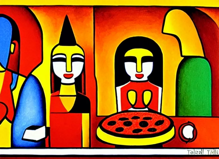 Image similar to a temple to pizza by Tarsila do Amaral