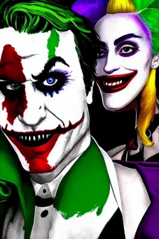 Prompt: joaquin phoenix as joker and lady gaga as harley quinn, remove duplicate content!!!!, violet polsangi pop art, gta chinatown wars art style, bioshock infinite art style, incrinate, realistic anatomy, hyperrealistic, green and purple color, white frame, content balance proportion