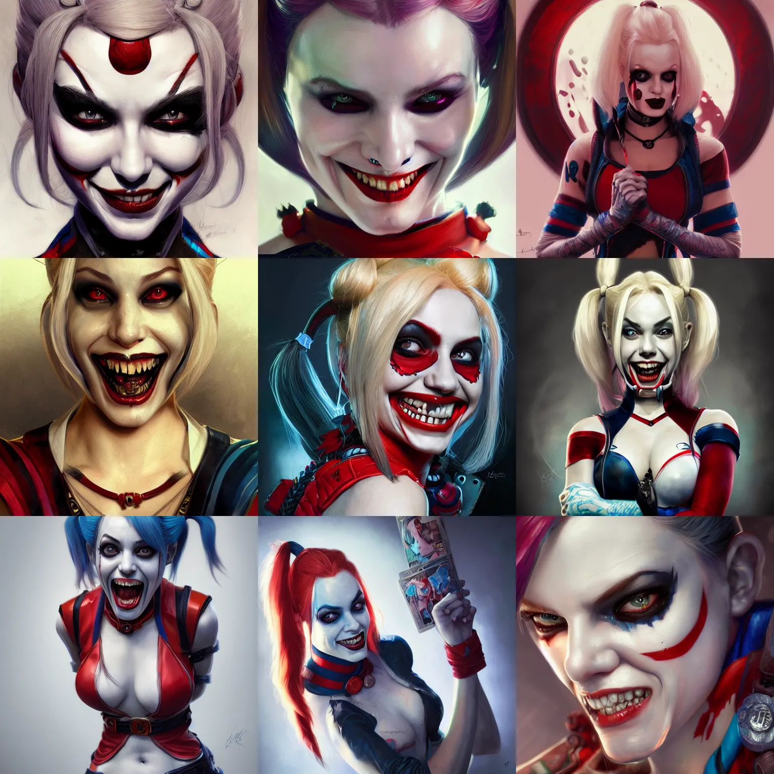 Prompt: Harley Quinn, creepy smile, Mark Edward Fischbach, intricate, highly detailed, digital painting, artstation, concept art, smooth, sharp focus, illustration, Unreal Engine 5, 8K, art by artgerm and greg rutkowski and alphonse mucha