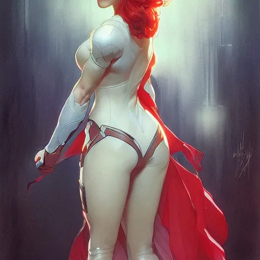 Prompt: a cool red - bun - haired girl. she is dressed as a superhero. clean elegant painting, beautiful detailed face. by artgerm and greg rutkowski and alphonse mucha