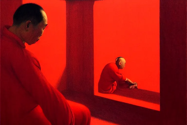 Image similar to a chinese prisoner, in the style of beksinski, parts by edward hopper, parts by rodcenko, parts by yue minjun, intricate and epic composition, red by caravaggio, insanely quality, highly detailed, masterpiece, red light, artstation, 4 k