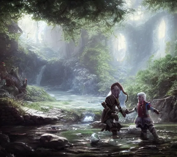 Prompt: fantasy halfling dice gambling with a white haired dwarf next to a shallow creek, oil painting, greg rutkowski, highly detailed, colorful, unreal engine, octane render, dramatic lighting, cinematic composition,