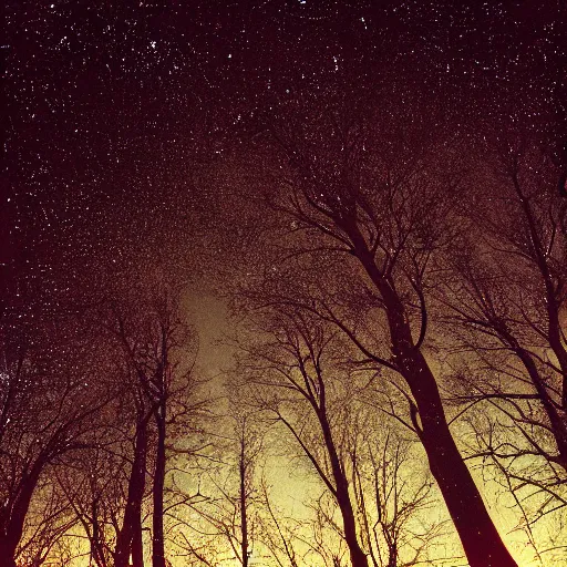 Prompt: A glimpse of the stars through the branches of trees at night. Hasselblad 503cx, Zeiss Planar 80 f2.8, Lomography CN 800.