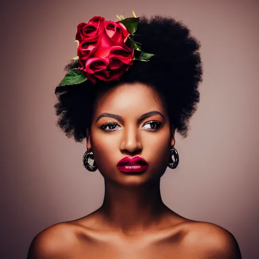 Image similar to Photo of a black woman, natural make-up, crown with roses, bold, self-confidence, cinematic focus