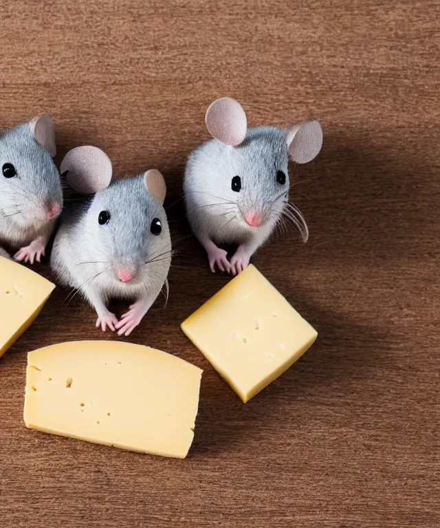 Image similar to high quality presentation photo of cute anthropomorphic grey mice eating cheese, photography 4k f1.8 anamorphic bokeh 4k Canon Nikon