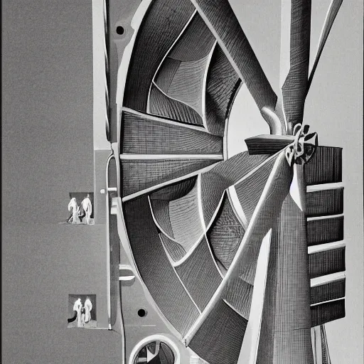 Prompt: cross-section of windmill showing interior machinery