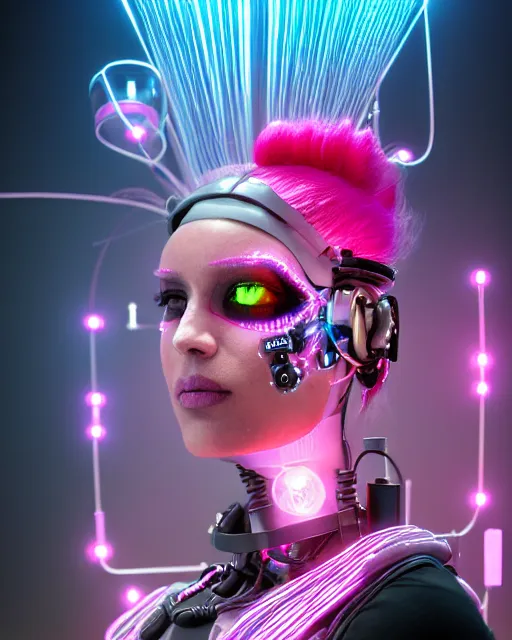 Prompt: portrait of a beautiful peruvian woman with pink hair as a cyberpunk cyborg half robot, revealing wires and electronics, hooked - up, sci - fi, missing panels, intricate abstract upper body intricate artwork, concept art, octane render, deviantart, cinematic, key art, hyperrealism, iridescent accents, portrait photograph, nikon 3 5 mm, photograph by greg rutkowski