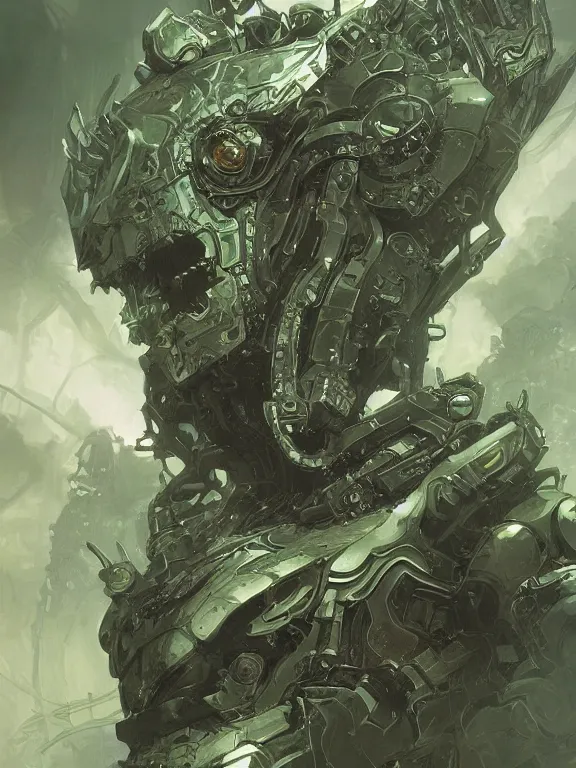 Prompt: robotic revenant, giant, monster, dnd, highly detailed, detailed face, monochromatic green, tenebrism, manga illustration, by artgerm, greg rutkowski, alphonse mucha