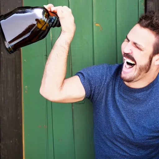 Prompt: stock photo of a man laughing at a green bottle