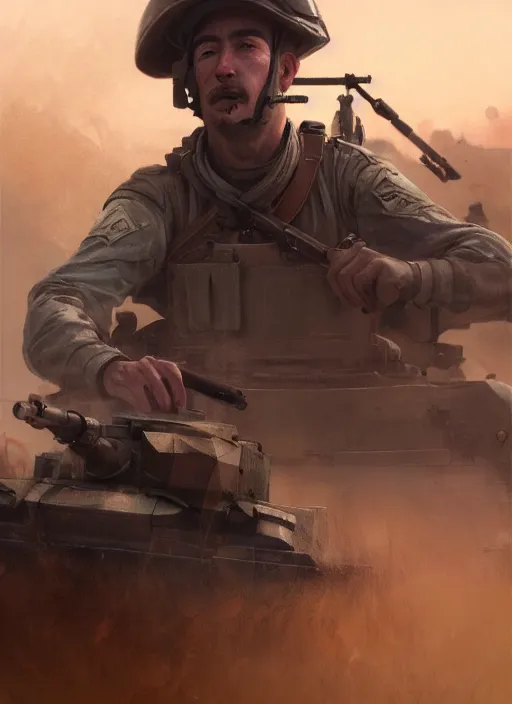 Image similar to A Soldier sitting and crying on a British Mark V Tank when to sun start to set, Battlefield 1, extremely detailed digital painting, in the style of Fenghua Zhong and Ruan Jia and jeremy lipking and Peter Mohrbacher, mystical colors, rim light, beautiful Lighting, 8k, stunning scene, raytracing, octane, trending on artstation