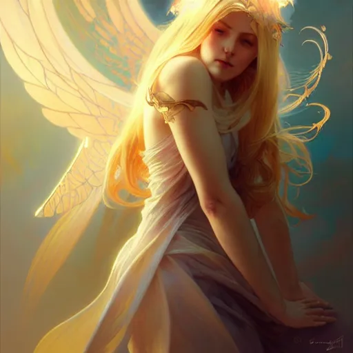 Prompt: A girl with blonde hair, glowing halo, huge highly detailed wings, fantasy, intricate, elegant, highly detailed, digital painting, artstation, concept art, smooth, sharp focus, illustration, art by Krenz Cushart and Artem Demura and alphonse mucha