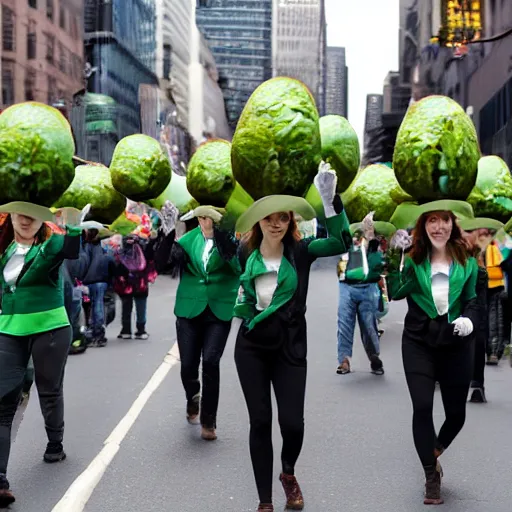 Image similar to a parade of avocados you marching down 5 th ave manhattan on st. patrick's day being lead by emma watson, 8 k, photo realistic, extremely life like