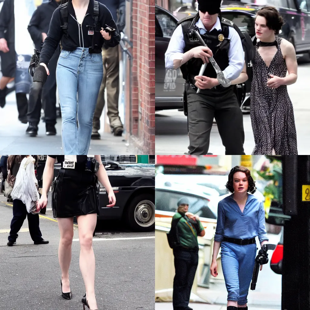 Prompt: daisy ridley dressed as an NYPD detective paparazzi photo