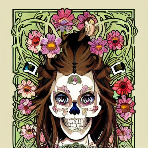 Image similar to anime manga skull portrait face skeleton female with flowers illustration style by Alphonse Mucha and Takashi Murakami pop art nouveau