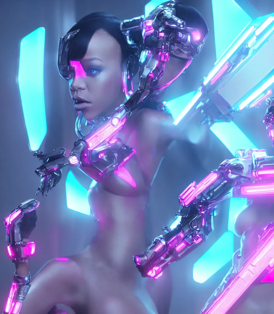 Image similar to cinematic, photography, a beautiful rihanna cyborg, perfect bionic body, pink chrome armor, neon holographic ui data displays, pink space gun, hajime sorayama, masamune shirow, octane rendered, 4 k, lens flare,