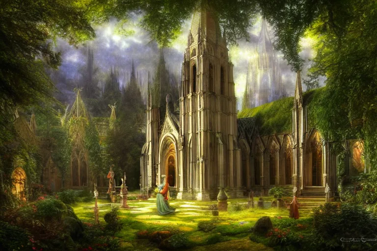 Image similar to a beautiful and highly detailed photo painting of an elven cathedral in a beautiful garden in a mystical forest, psychedelic, intricate details, cgsociety, 8 k, sharp focus, photorealism, by caspar friedrich, albert bierstadt, james gurney, brian froud,