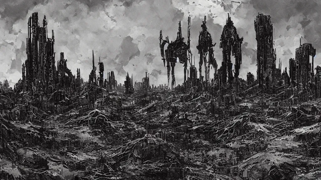 Image similar to group of survivors, post apocalypse remnants of civilization, machines, bleak, eerie atmospheric, by tsutomu nihei, gerald brom and vincent di fate, epic cinematic matte painting