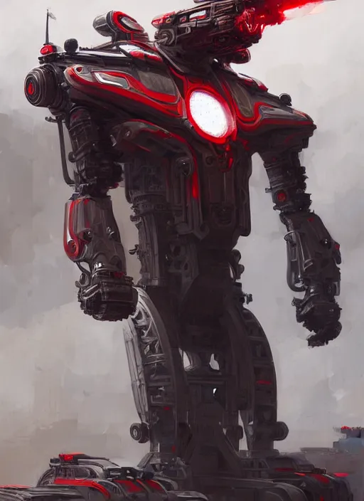 Image similar to a portrait of epic mechanical futuristic war machine with red and white accent and label written indonesia. highly detailed, digital painting, concept art, smooth, sharp focus, illustration, art by greg rutkowski