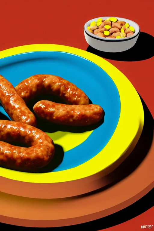 Image similar to nugget and sausage on plate, pop art, by mike swiderek, jorge lacera, ben lo, tyler west, ultrarealistic, sharp focus, rendered by unreal engine 3