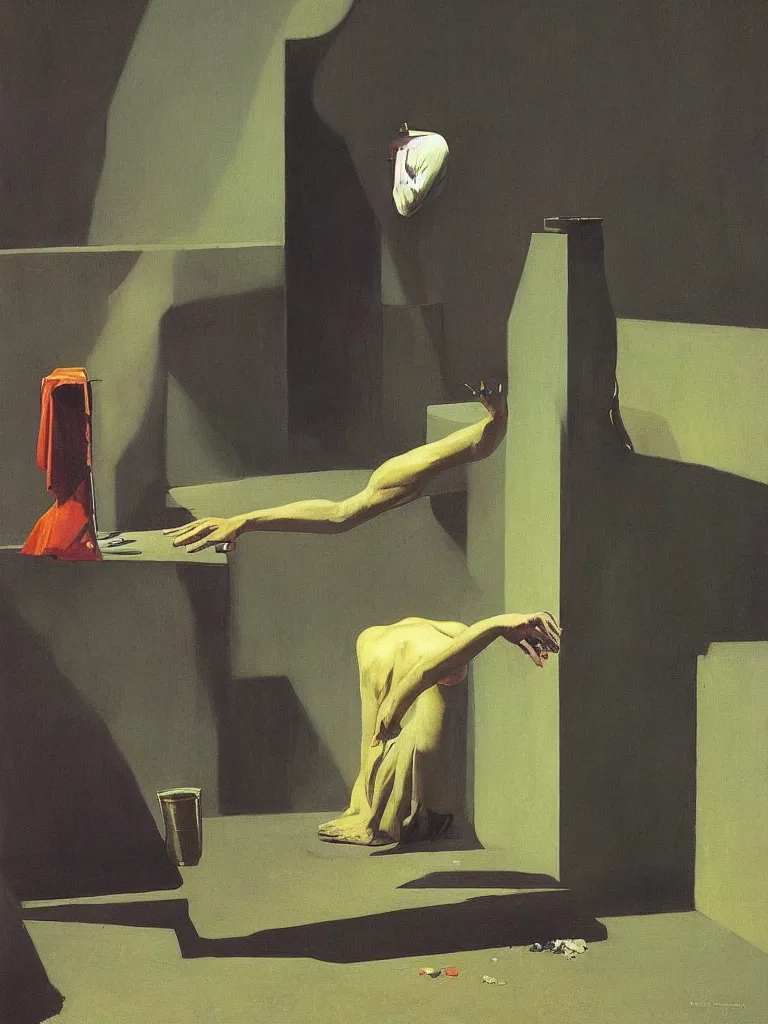 Image similar to magician with a trash over his head praying to a trash bin Edward Hopper and James Gilleard, Zdzislaw Beksinski highly detailed