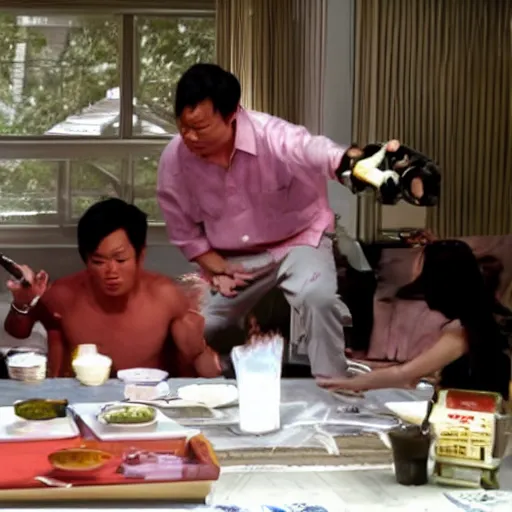 Prompt: asian people smoking crack being on dexter's table