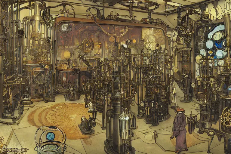 Prompt: steampunk lab room filled with clocks and alchemy equipment, mad scientist working, giant screens, sci - fi vending machine, concept art by mucha