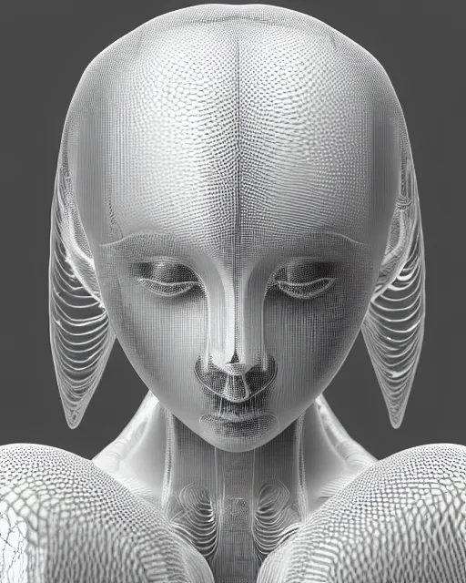 Image similar to mythical dreamy black and white organic translucent bio-mechanical spinal ribbed profile face portrait detail of mechanical beautiful female angelic-snowy-human-doll, highly detailed, intricate crystal jelly steampunk ornate, poetic, 3D render, digital art, octane render, 8K artistic photography, photo-realistic, by Dora Maar