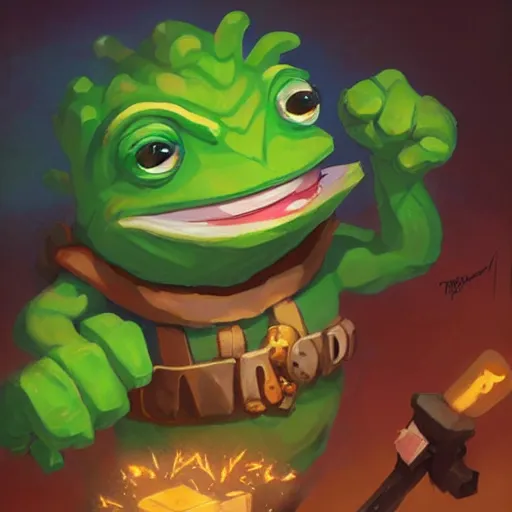 Image similar to super rich happy pepe the miner, greg rutkowski, crystals