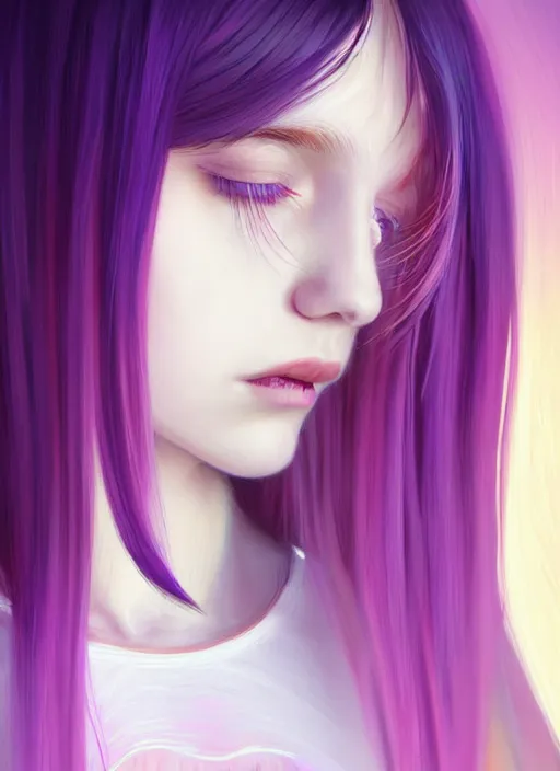 Image similar to hair whitebangs hair, black hair, whitebangs, portrait of teenage girl with white bangs, red irises, purple clothes, white bangs, bangs are different color from hair, intricate, elegant, glowing lights, highly detailed, digital painting, artstation, concept art, smooth, sharp focus, illustration, art by wlop, mars ravelo and greg rutkowski