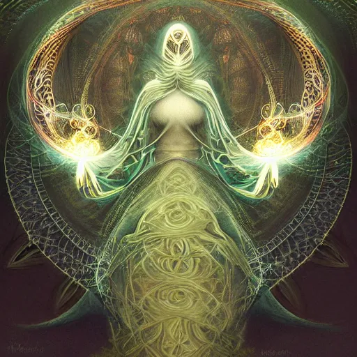 Prompt: faceless, shaman, cultist, lovecraftian, surreal, shrouded figure, powerful being, plant spirit, fractal entity, spirit guide, light being, pearlescent, shiny, glowing, ascending, beautiful, subtle pattern, trending on artstation, fractal pattern, sacred geometry by peter mohrbacher, highly detailed, professional art, illustration, cult, sacrificial altar, levitating, perfect symmetry, rendered in octane, unreal engine, biomechanical, fungal god, blurred background, light dispersion, glass skin, fractal skin, eye stalks, overgrown, halo, prismatic halo, muscular, macho pose, spirit warrior, bodybuilder, pearlescent