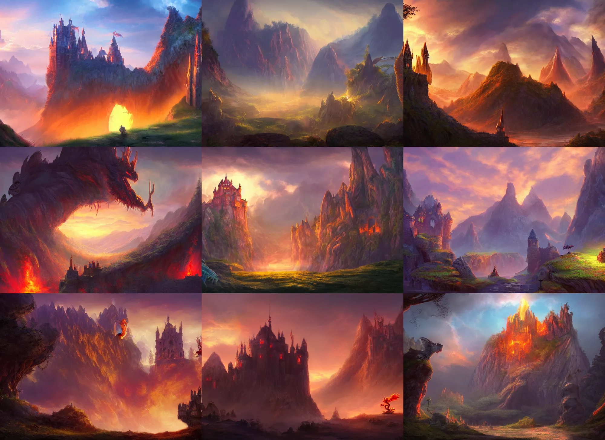 Prompt: a beautiful magical fantasy landscape with a glorious ancient castle, protected by a troll and a majestic fiery dragon, evening light, dawn, concept art, artstation, award - winning