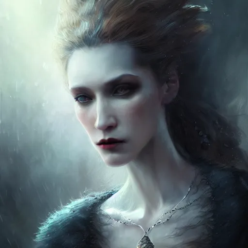 Prompt: Majestic and regal portrait of a female vampire, intricate, epic, elegant, menacing, fantasy, highly detailed, digital painting, hard focus, beautiful volumetric lighting, epic light, ultra detailed, by Leesha Hannigan, Ross Tran, Thierry Doizon, Kai Carpenter, Ignacio Fernández Ríos