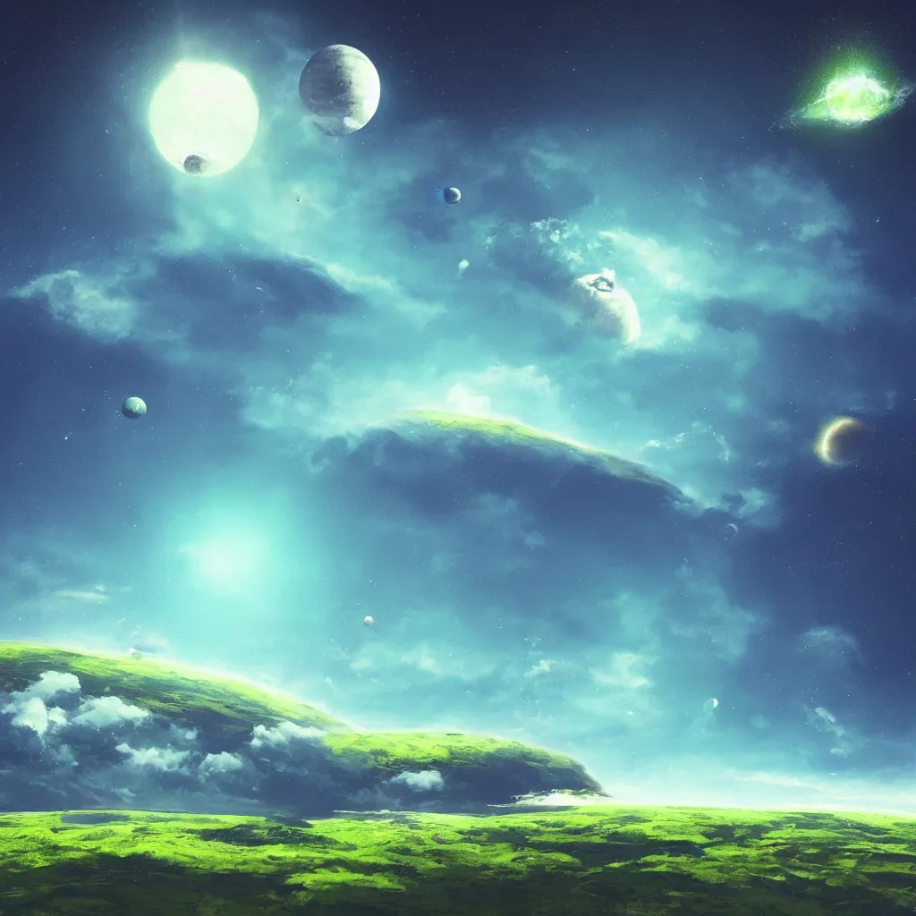 Prompt: “ slim spacehip hovering over a lush green and blue planet, clouds on surface, moons in background, very detailed, concept art ”