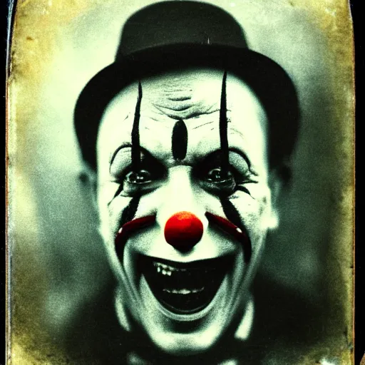 Prompt: old photo of a killer horror clown, daguerrotype, tintype, dirty. faded. old photograph, polaroid, highres, wet plate collodion,