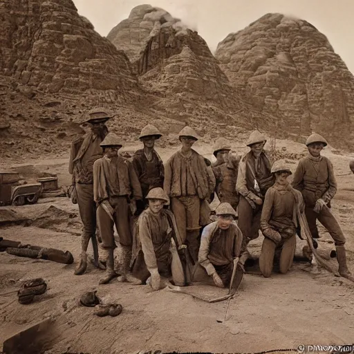 Image similar to ultra detailed photorealistic sepia - toned photo from 1 9 1 7, a small group of british soldiers standing at an archaeological dig site in wadi rum, ultra realistic, painted, intricate details, lovecraft, atmospheric, dark, horror, brooding, highly detailed, by clyde caldwell