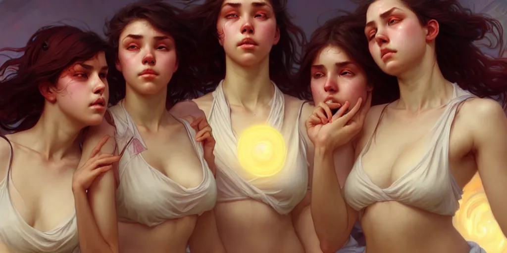Image similar to three beautiful college girls rolling on ecstasy covered in sweat and dilated pupilsl, highly detailed, digital painting, artstation, concept art, matte, sharp focus, illustration, art by artgerm and greg rutkowski and alphonse mucha