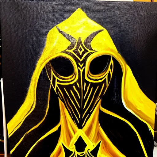 Image similar to eldritch king dressed in mask and robes, gold yellow and black colour scheme, canvas, oil paint style