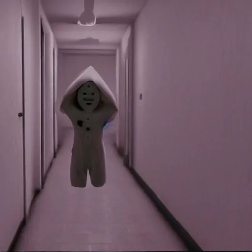 Prompt: a creepy humanoid ghost with an unnatural smile from the p. t. video game, it is deformed and is staring at the camera from the end of a dark liminal hallway. caught on vhs, film grain,