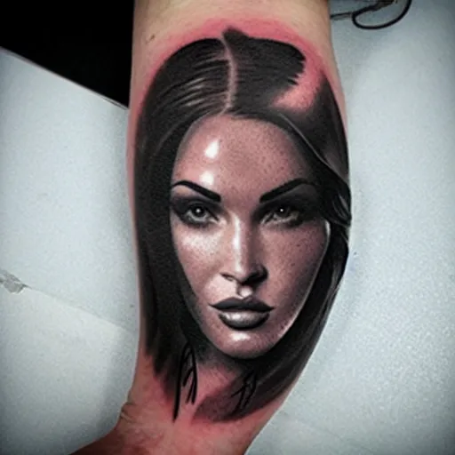 Image similar to double - exposure tattoo sketch of megan fox blended in beautiful mountains, in the style of dan mountford