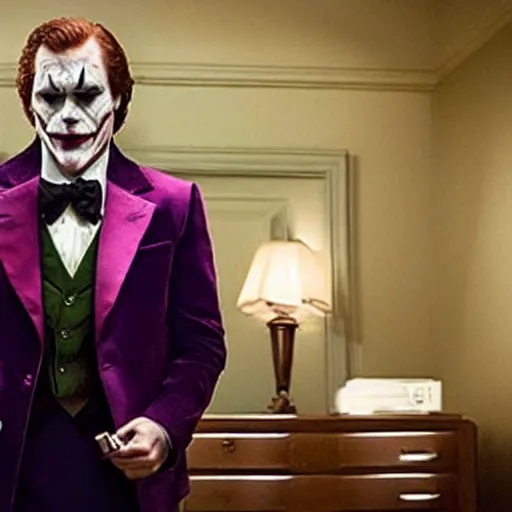 Image similar to a movie still of Ron Burgundy as The Joker in the new movie Batman