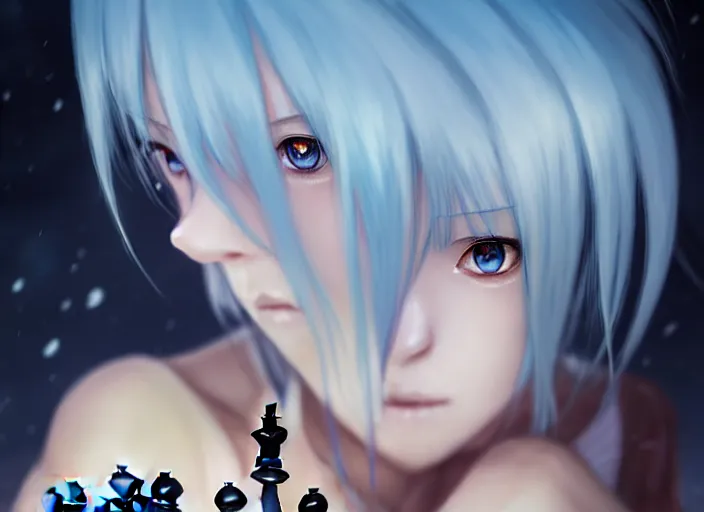 Image similar to rimuru playing chess, with amber eyes of gold color, straight hair, sky blue hair, long bangs, high collar, concept art, award winning photography, digital painting, cinematic, by wlop, anime key visual, wlop, 8 k, by ross tran, tom bagshaw, andy warhol