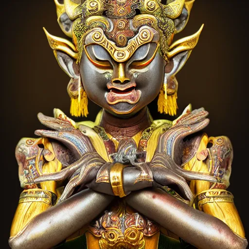 Image similar to naraka buddhist demon korean female, highly detailed, symmetrical long head, smooth marble surfaces, detailed ink illustration, raiden metal gear, cinematic smooth stone, deep aesthetic, concept art, post process, 4 k, carved marble texture and silk cloth, latex skin, highly ornate intricate details, in the style of 8 8 grzes