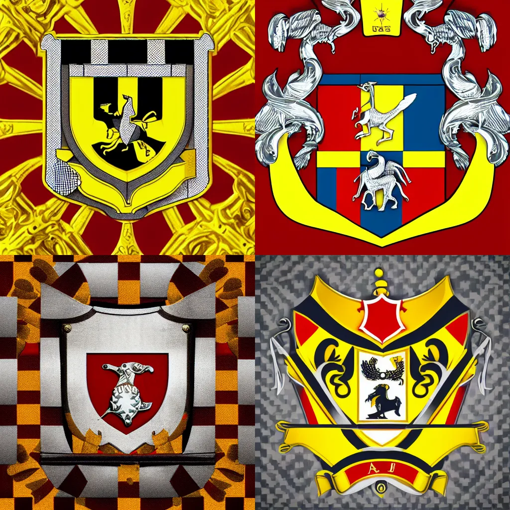 Prompt: ultra-realistic photography of coat of arms of a noble family | yellow and red | checkered pattern | silver helmet | intricated |