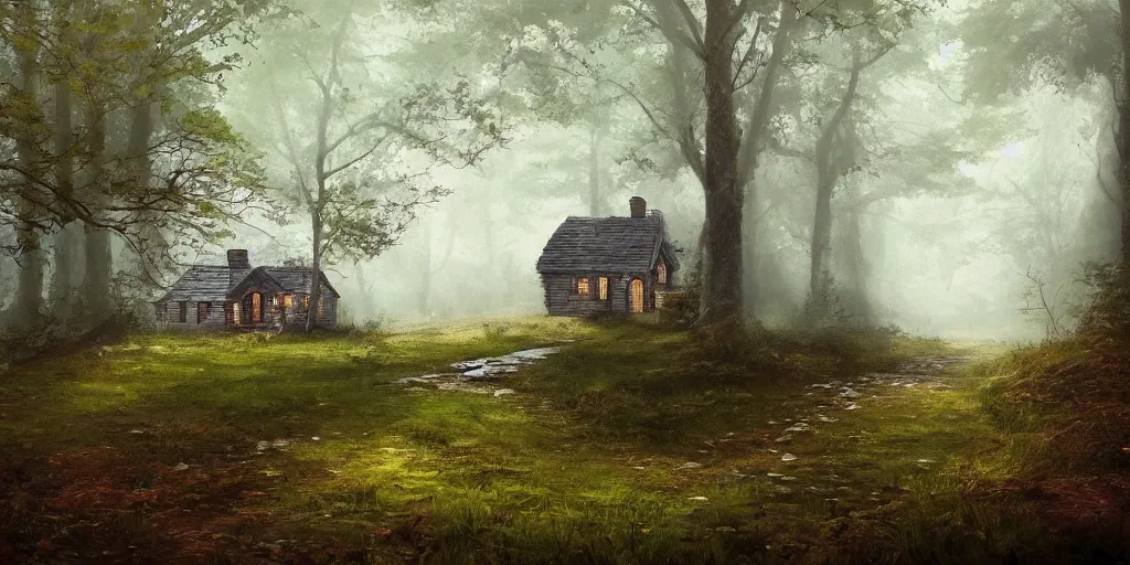 Image similar to a painting of lone cottage in the woods and empty woods, 8k, fantasy, hyper realistic, atmospheric, cinematic