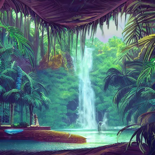 Prompt: A big palace in a tropical forest with waterfalls, retrowave art,digital art trending on art station