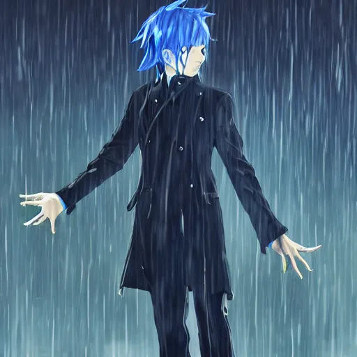 Image similar to a blue haired boy standing in the rain. character design. gesture drawing. line of action. official art, concept art. tetsuya nomura. final fantasy. shigenori soejima ray tracing hdr. 8 k. uhd. sharp focus. close up. highly detailed. masterpiece. cinematic lighting..