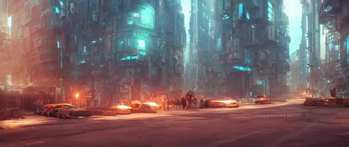 Image similar to street in a futuristic city, dieselpunk style, high detailed, superrealism, octane render, ray tracing, unreal engine, cinematic mode, redshift, hdr, hyperrealist, trending of artstation, optical flare, smart sharpen, global ilumination, ambient oclusion, film 3 5 mm, teal orange color scheme