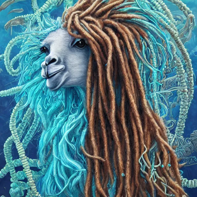 Prompt: llama with dreadlocks, aqua, by mandy jurgens, ernst haeckel, james jean