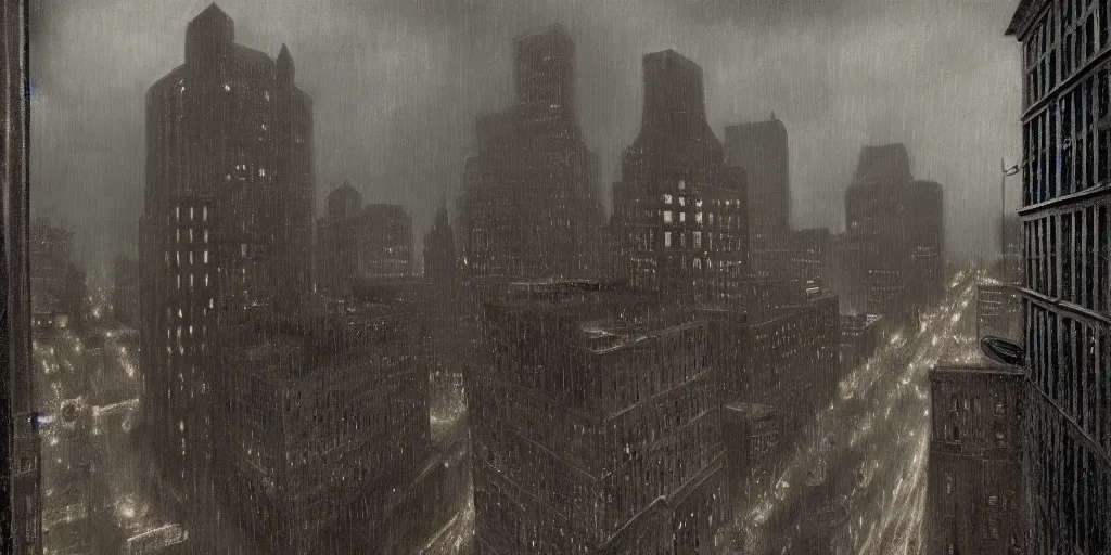 Prompt: a realistic rooftop sepia - toned painting of 1 9 2 0 s downtown boston at night in the rain, dark, brooding, atmospheric, lovecraft